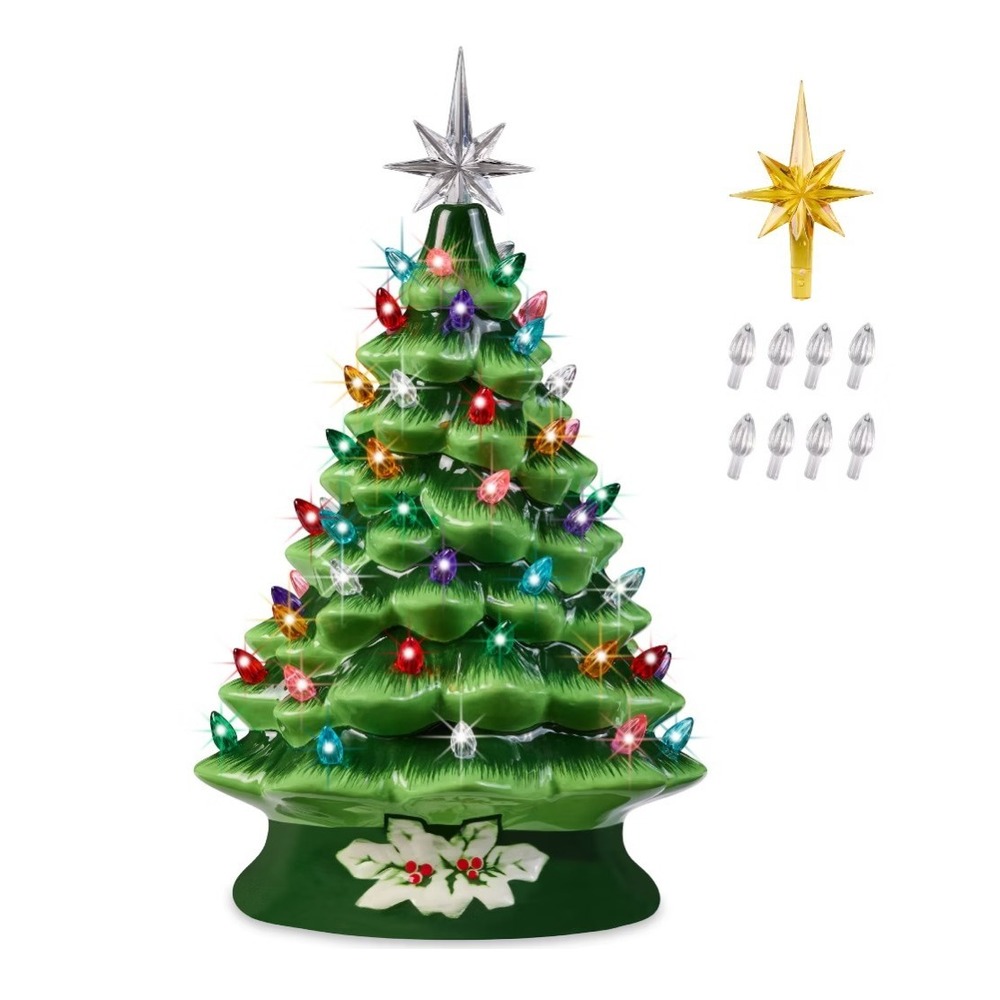 Ceramic Christmas Tree - 15.5" with Separate Base, Lights, Bulb, Cord and Star